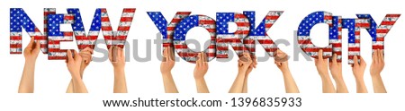 people arms hands holding up wooden letter lettering forming words new york city in USA american national flag colors tourism travel nation concept isolated on white background