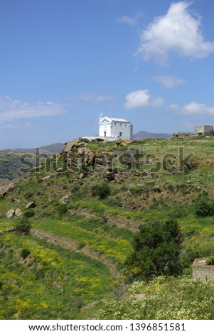 Picturesque churches in beautiful island of Tinos at spring, Cyclades, Greece