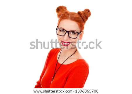 Closeup portrait of a beautiful woman in her 30s wearing round eye glasses smiling looking, wearing red blouse standing posing on white background wall. Mixed race, irish and hispanic, caucasian model