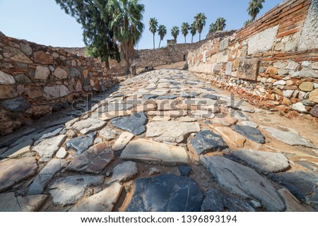 Ancient Roman road at Emerita Augusta City, Merida, Extremadura, Spain Royalty-Free Stock Photo #1396893194
