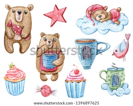 Watercolor hand painted clip art: dreaming bear on a cloud, star, cup of tea, cupcakes, sweet, teddy bears, bird. Cartoon illustration on white background