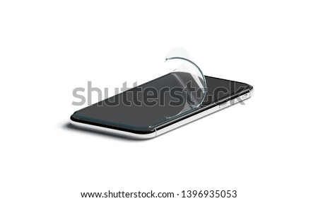 Blank curved protection film on phone screen mockup, isolated, 3d rendering. Empty bent transparent protector for smartphone display mock up, side view. Clear curl cover accessory template.
