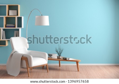 Interior of living room with cozy white leather armchair with plaid, wooden triangular coffee table, floor lamp and bookshelf on the cyan wall. 3d illustration