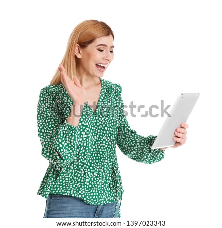 Woman using tablet for video chat isolated on white