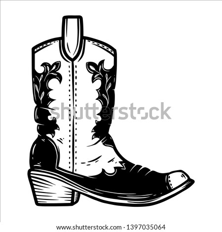 Hand drawn illustration of cowboy boot isolated on white background. Design element for poster, card, banner, t shirt, emblem, sign. Vector illustration