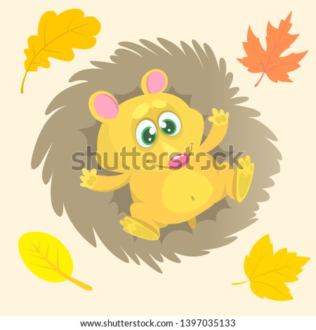  Cute cartoon hedgehog laying on his back on the leaves