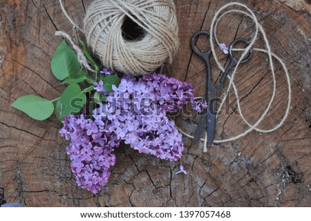 Spring bouquet of lilac, daffodils, anemone on wooden background. Decorative composition. Gardening.