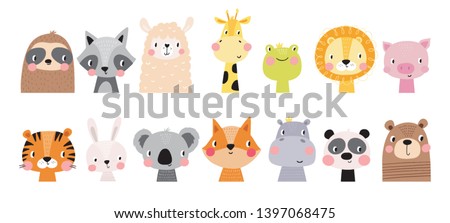 Cute hand drawn animal for kids poster. Cute frog, raccoon, bear, sloth, panda, giraffe, fox, bunny, tiger cartoon vector illustration. Hand drawn vector illustration for posters, cards, t-shirts.