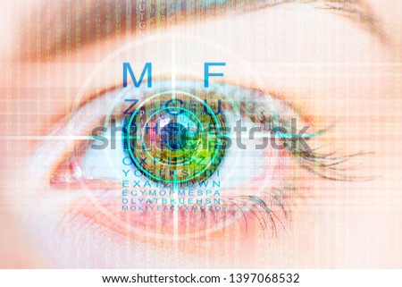 Close up of an eye and vision test with binary code