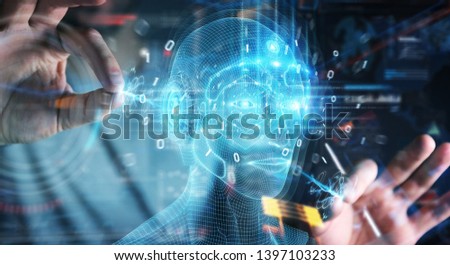 Businessman on dark background using digital artificial intelligence head interface 3D rendering
