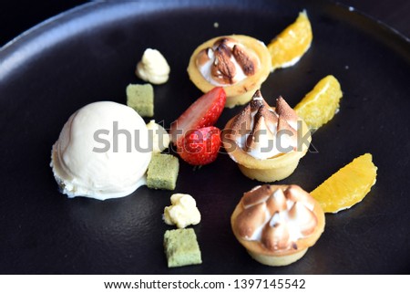Afternoon desert, yuzu pudding, fruit and ice cream
