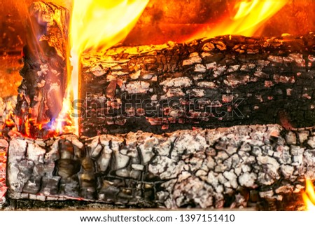 Burning log of wood close-up as abstract background. The hot embers of burning wood log fire. Firewood burning on grill. Texture fire bonfire embers. Smoldering fire