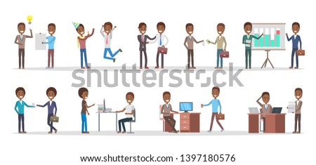 Business people set. African american office characters work in team.