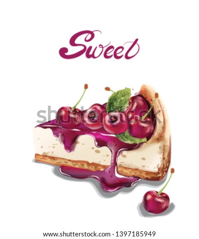 Sweet cherry cheesecake Vector watercolor. delicious desserts with fruit topings