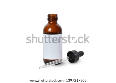 Dropper bottle glass brown and Blank label isolated on white background. Clipping path.
