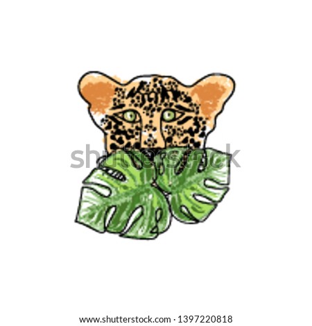 wild tropical hand drawn leopard character hiding in the green jungle rainforest  cartoon hand drawn doodle style. wild life background
