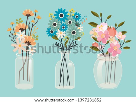 The collection set of beautiful flower in the transparent jar pack in flat vector style. Graphic resource about for graphic,content , banner, sticker label and greeting card.