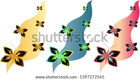 Five beautiful gradient butterflies on a gradient wavy ribbon background (set of three variants: golden, green with blue, peach pink with red) vector