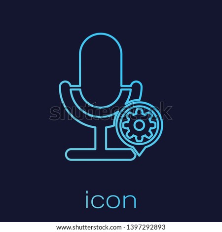 Turquoise Microphone and gear line icon isolated on blue background. Adjusting app, service concept, setting options, maintenance, repair, fixing. Vector Illustration