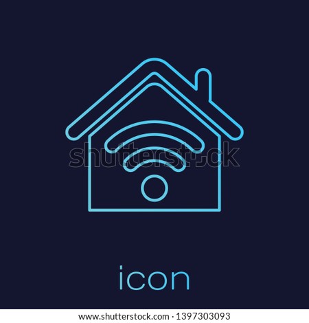 Turquoise Smart home with wi-fi line icon isolated on blue background. Remote control. Vector Illustration
