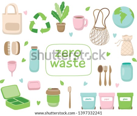 Zero waste concept illustration with different elements. Sustainable lifestyle, ecological concept. Vector illustration in cartoon style