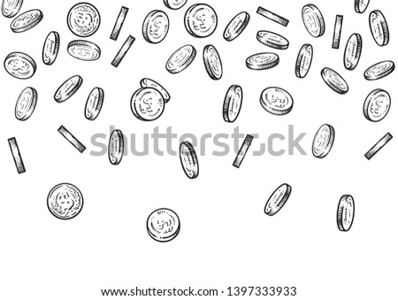 Seamless background with falling coins. Sketch of money flowing top down, big pile of cash, treasure concept. Black and white hand drawn vector illustration isolated on white background.