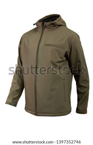 softshell jacket olive color for men isolated Royalty-Free Stock Photo #1397352746