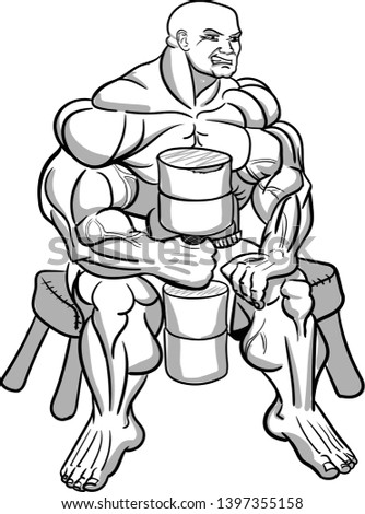 Monster bodybuilder holding a huge dumbbell. Vector illustration