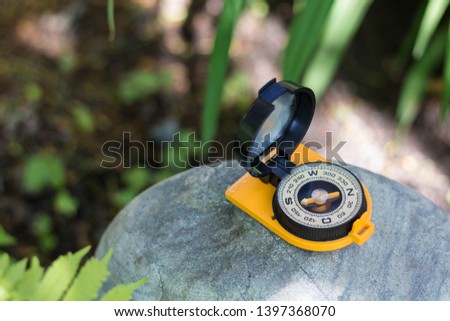 Orange old compass on a wild stone in the forest on a sunny day. The concept of finding the way and navigation