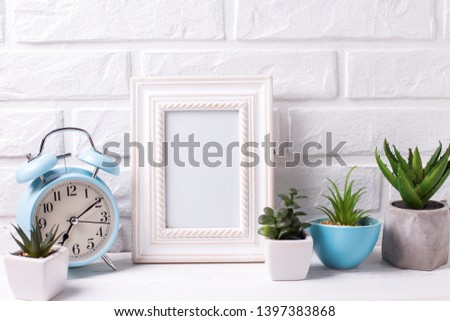Empty frame mockup and succulents and cactus plants in pots  near by white brick wall. Potted indoor house plants. Modern minimalistic interior. Selective focus is on frame. Place for text.