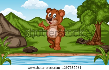 Wild Cartoon Animals Near River. Beautiful Nature Scene. Cute Funny Animal Characters Bear Standing in Front of Hills, Rock and Tree