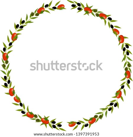 
wreath from olives and tomato on white background