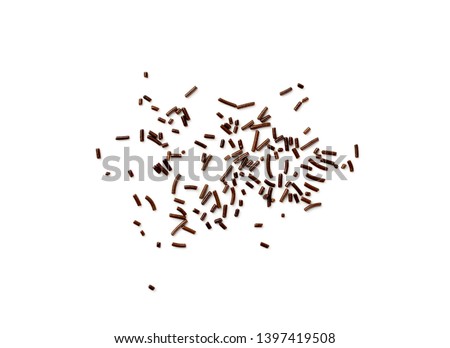 Chocolate sprinkles isolated on white background top view. Sweet brown glaze decoration or chocolate vermicelli Royalty-Free Stock Photo #1397419508