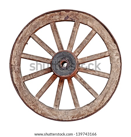 Old wooden grunge wagon wheel isolated on white background Royalty-Free Stock Photo #139743166