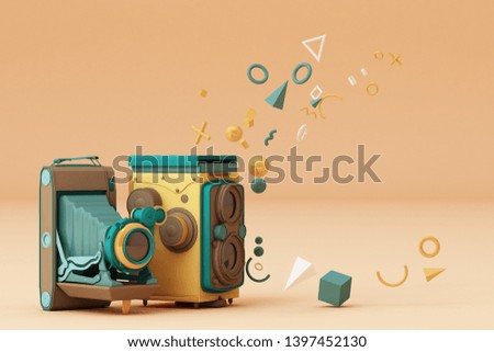 Colorful vintage camera surrounding by memphis pattern on a cream background.-3d render.