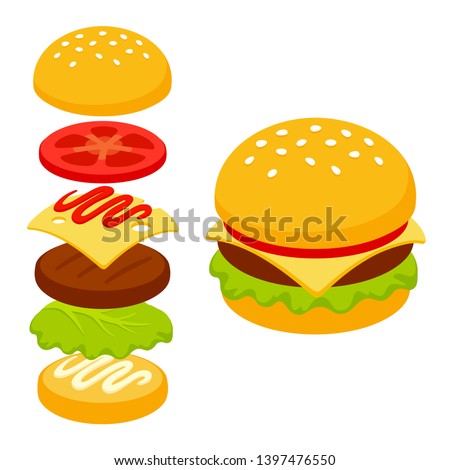 Isometric burger icon with ingredient layers. Classic fast food sandwich vector illustration in simple flat cartoon style.