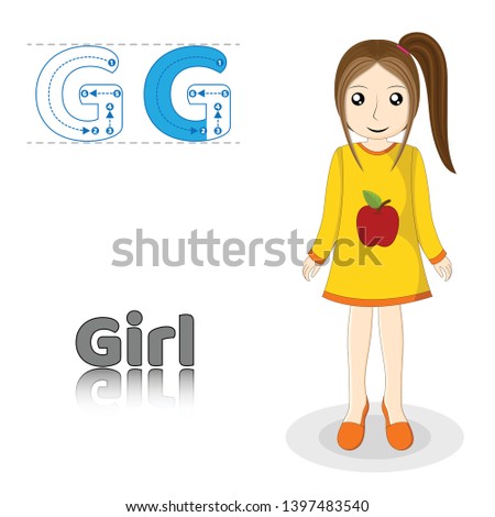 Letter G Girl English Alphabet Tracing Coloring book page. Printable worksheet for kindergarten and preschool. Exercises for study English. Simple level of difficulty.