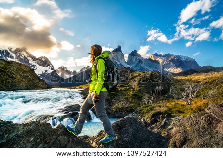 Torres del Paine National Park moutain landscape , Patagonia - Chile ( Los Kuernos Peak and Salto Grande Waterfall) Royalty-Free Stock Photo #1397527424