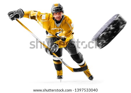 Professional ice hockey player in action on white backgound Royalty-Free Stock Photo #1397533040
