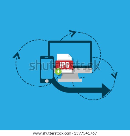 Download JPG file icon on pc screen. Downloading file concept. File with JPG icon and green down arrow sign.