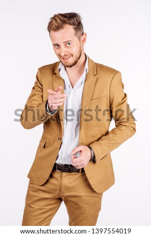 man pointing his finger at you on white