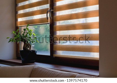 Window roller, duo system day and night. Morning light shining through the window. Royalty-Free Stock Photo #1397574170