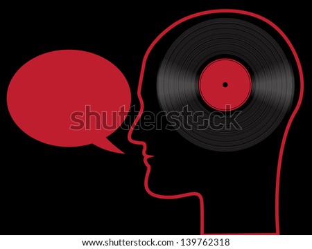 silhouette of a human head in profile with bubble dialogue and record in head