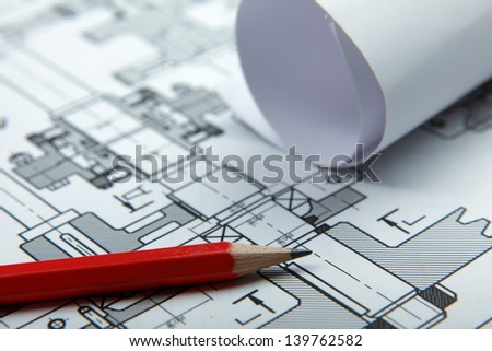 Part of architectural project  and pencil Royalty-Free Stock Photo #139762582