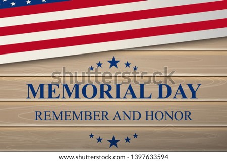 USA vector flag with caption for Memorial Day celebration, on wooden background