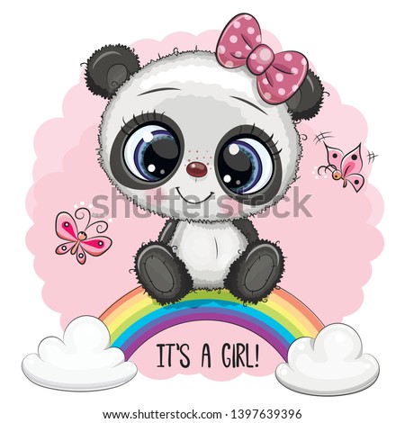 Greeting Card Cute Cartoon Panda girl on the rainbow