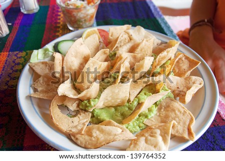 A dish of guacamole with tacos