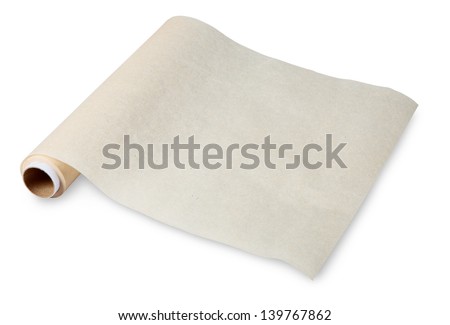 Baking paper, parchment food, is used for cooking and food storage. Thin paper made from pulp mill greasy. No body. The isolated image on a white background. Royalty-Free Stock Photo #139767862