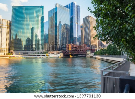 The city of Chicago & the Chicago River during sunset hours