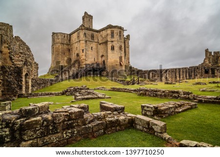 Warkworth Castle, An Old Ruined Medieval Keep Royalty-Free Stock Photo #1397710250